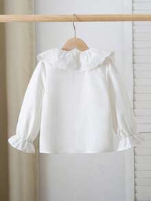 SHEIN Playful Pals 女童优雅刺绣荷叶边领公主长袖纽扣前襟休闲时尚公主衬衫，适合上学、度假、旅行、生日派对、春秋季穿着。 - 白色 - 查看 2