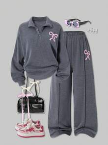 SHEIN ChillGRL 青少年女孩休闲拉链半开胸长袖连帽衫搭配宽松直筒裤套装，适合日常穿着、通勤和校园 - 深灰色 - 查看 1