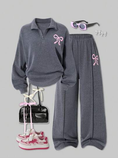 SHEIN ChillGRL 青少年女孩休闲拉链半开胸长袖连帽衫搭配宽松直筒裤套装，适合日常穿着、通勤和校园