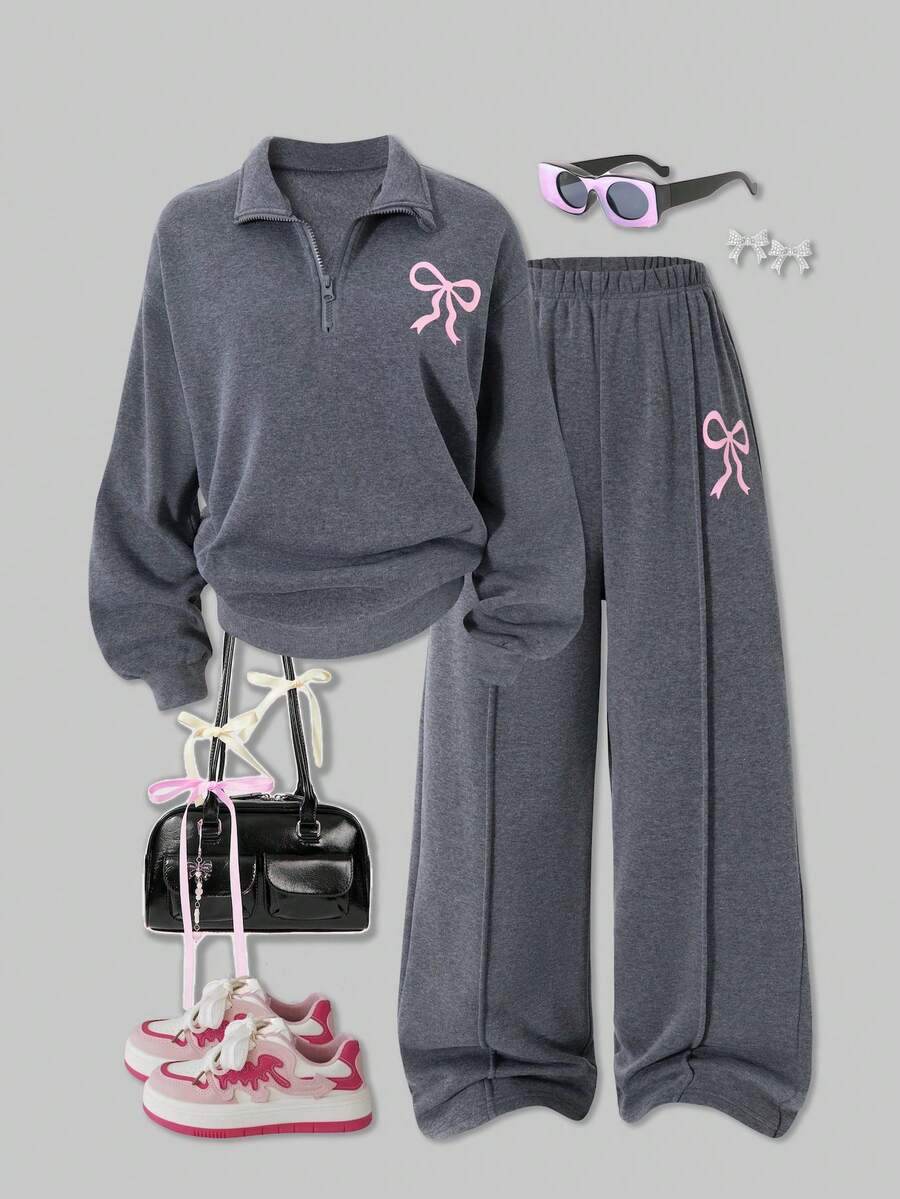 SHEIN ChillGRL 青少年女孩休闲拉链半开胸长袖连帽衫搭配宽松直筒裤套装，适合日常穿着、通勤和校园 - 深灰色 - 查看 1