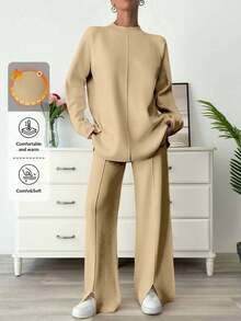EURMUSE Knitwear Basic Oversize Co-Ords Simple Fashion Daily Casual Solid Color - Camel - View 1
