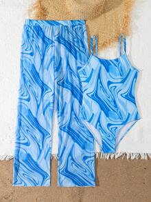 SHEIN Tween Girl Cute Knitted Blue Printed One-Piece Swimsuit And Shorts 2 Pieces Set, Fashionable Swimwear, Casual & Conservative, Suitable For Beach, Swimming, Vacation, Summer Tween Girl Bathing Suit Cover Up Pants Beachwear For Tweens Two Piece Set Tween Girl Marble Print One Piece Summer Swimsuits For Teen Girls Blue Tween Marble Blue Swimsuit Swimsuit With Pants Summer Vacation Thermal Christmas Holiday Festival New Years Valentines Swim 
رمضان
عباياتabaya جلابياتjalabiya جلابيه Marble Print Swi