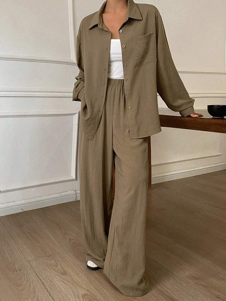 Women 2 Pieces Set: Solid Color Loose Turndown Collar Long Sleeve Shirt & Straight Leg Pants, Casual & Elegant, Autumn/Winter Lounge Sets For Women