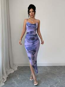 Zolique Women's Luxury Evening Dress, Tie-Dye Print Draped Neckline, Backless Spaghetti Strap Dress, Suitable For Summer - Mauve Purple - View 4