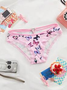 Women's Butterfly Print Rhinestone Decor Lace Patchwork Panties - Pink - View 6