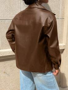 Abrigo de cuero PU con cierre de cremallera y hombros caídos  para mujer, ropa de otoño e invierno. - Marrón 2 - Ver 2