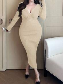 Flirla Plus Size Solid V-Neck Fitted Long Sleeve Sweater Dresses - Apricot - View 1