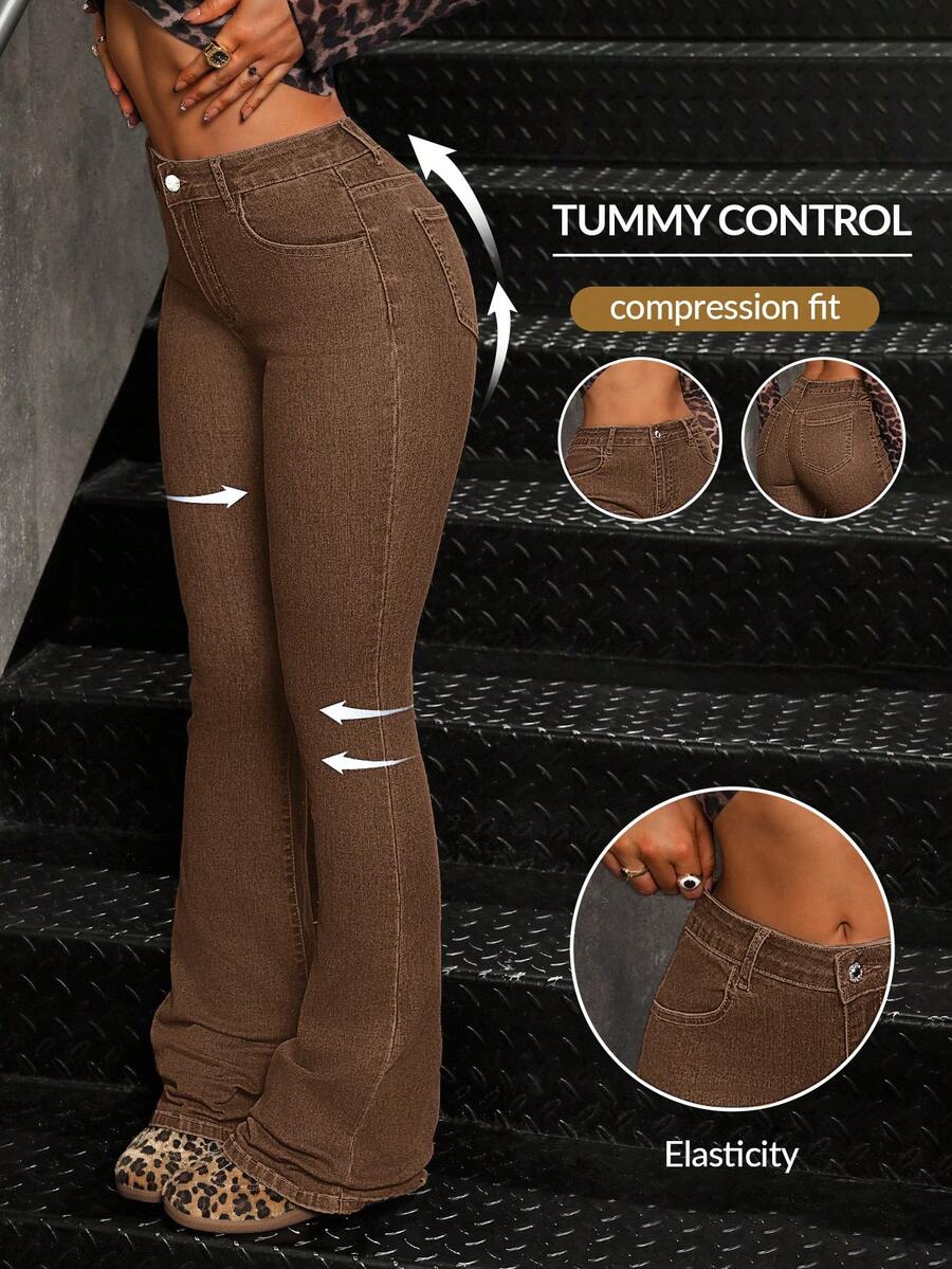 SHEIN Tall Women's Fashionable Casual Slim Fit Mid-Waist Denim Flare Pants - Khaki - View 1