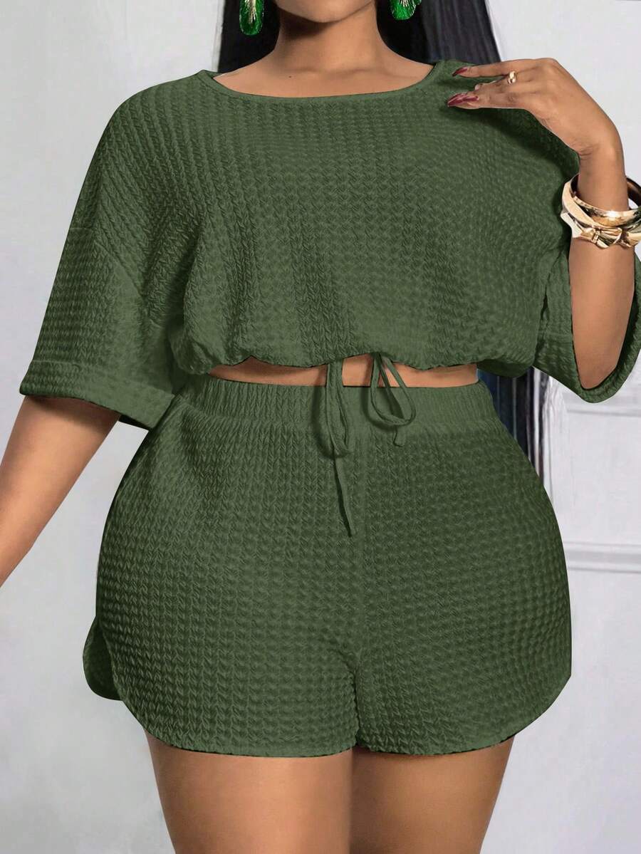 Slaydiva Conjunto informal de dos piezas de unicolor con cordón y abertura, talla grande, para verano