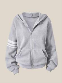 SHEIN Explorewe Teen Girl Solid Color Hooded Fleece Sleeve Striped Sweatshirt, Autumn/Winter - Grey - View 3