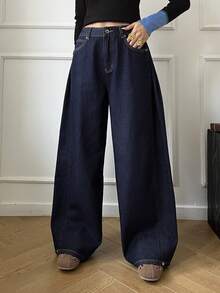 DAZY Solid Color Loose Button Decor Ankle Cuff Straight Leg Black Jeans - Navy Blue - View 4