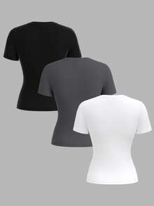 SHEIN Tall 3件套女士休闲圆领修身长袖T恤套装，适合春夏穿着 - 彩色 - 查看 2