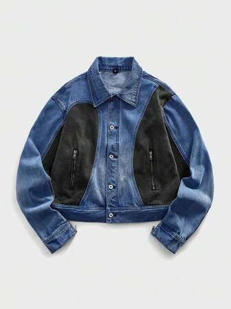 Street Life جاكيت جينز كاجوال أحادية الصدر بأكمام طويلة وجيوب بتباين الألوان للرجال في فصل الخريف