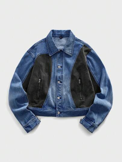 Street Life جاكيت جينز كاجوال أحادية الصدر بأكمام طويلة وجيوب بتباين الألوان للرجال في فصل الخريف