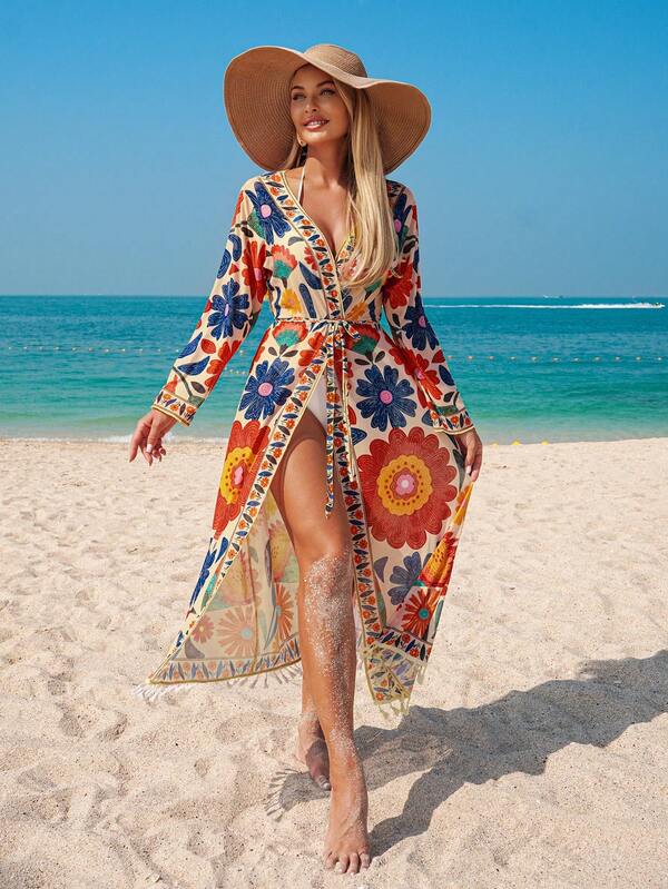 Swim Lushoire Kimono con estampado floral para mujer con cinturón desmontable, adecuado para la playa, fiestas y vacaciones
