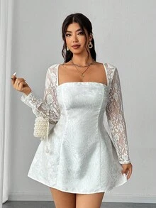 SHEIN Tall CURVE Váy ren hoa thanh lịch cổ vuông hở lưng buộc eo cho nữ cỡ lớn - trắng - Xem 5