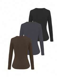 INAWLY Plus Size Women 3-Piece Set, Solid Color Round Neck Long Sleeve Ribbed Fitted T-Shirt - Multicolor - View 2