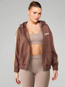 Missguided x Playboy Oversized Zip Up Hooded Sweatshirt With Side Stripe Detail And Centre Pocket For Casual Fall Winter Comfort - Brown - View 4