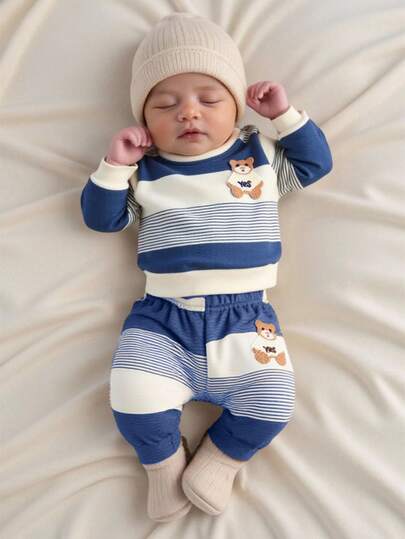 SHEIN Autumn New Arrival Newborn Baby Striped Contrast Color Top, Cute Bear Embroidery Soft & Cozy Shoulder Button Easy On/Off Casual Baby Clothes