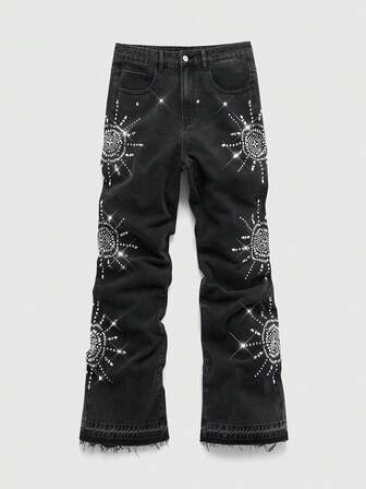 Street Life Jeans casuales de pierna ancha y suelta con gráfico de sol de rhinestone en el bolsillo para hombres