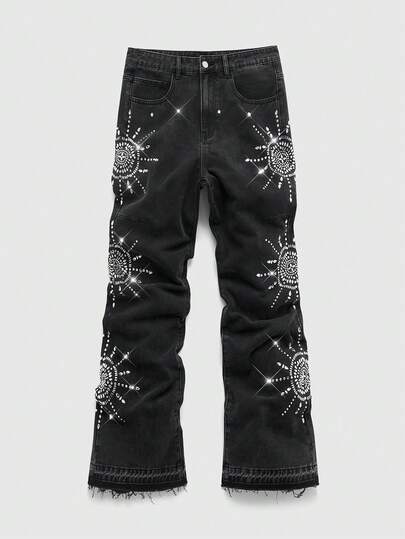 Street Life Jeans amples et décontractés pour hommes avec poche et graphique de soleil en strass