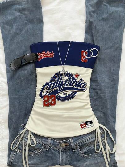 SHEIN EZwear Top tubo corto con cordón y nudo delantero casual para mujer