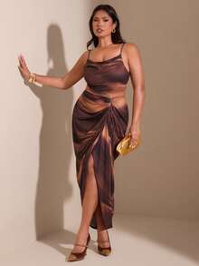 SHEIN BAE 大码女式多色针织印花宽松领连衣裙 - 彩色 - 查看 3