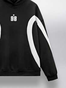 NEON BLANC 男女通用针织拼接宽松插肩袖数字图案印花连帽衫，适合秋冬季穿着 - 黑色 - 查看 4