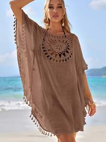 Swim Vcay Summer Beach Tassel Hem Cover Up - Khaki - View 4