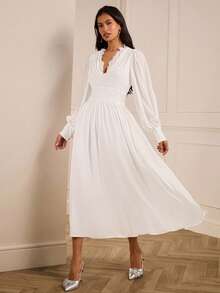 Lilora 女士优雅蕾丝拼接连衣裙，冬季女装，优雅白色长裙，蕾丝长款连衣裙，新年装扮，适合外出穿着。女士白色连衣裙 - 白色 - 查看 6