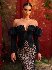 Glamrae Elegant Luxurious Woven Satin Patchwork Beaded Embroidered Off-Shoulder Floral Sleeve Sequins Fishtail Hem Formal Gown For Wedding,Gala,Party,Concert - Black - View 3
