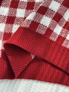 SHEIN Sparklyn 两件套女童针织套装，粉色可爱刺绣兔子格子毛衣+针织迷你裙，少女长袖V领套头衫，秋冬季休闲优雅风 - 酒紅色 - 查看 6