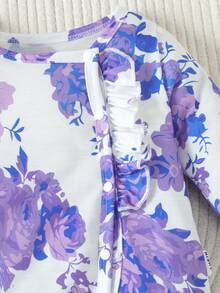 SHEIN 嬰兒女童白色可愛紫色大花印花連體衣,家庭服裝套裝配有頭帶 - 紫色 - 查看 6
