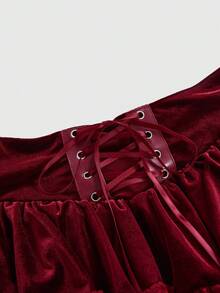 ROMWE Chân váy nhung mini họa tiết chữ thập Gothic lãng mạn cổ điển - Màu Đỏ Sâu - Xem 3