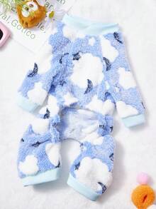 PETSIN 1pc White Star Printed Pet Jumpsuit, Blue And White Autumn And Winter Flannel Warm And Comfortable Pet Warm Clothes