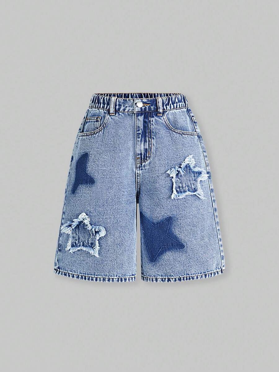 SHEIN ChillGRL Tween Girl' Y2K Streetwear Chic Acid Washed Distressed Blue Star Embroidery Elastic Waist Loose Denim Shorts, School, Campus, College - Light Wash - View 1