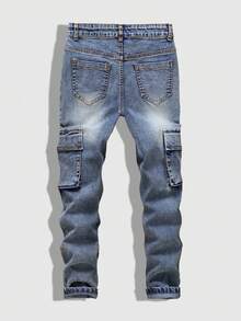 SHEIN Tween Boys Vintage Street-Style Ripped Distressed Multi-Pocket Elastic Fitted Denim Cargo Pants, School, Campus, College Summer Holiday,Unisex - Medium Wash - View 2