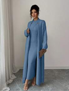 Elenzga Conjunto de punto minimalista de diseño de nicho con cuello cruzado de unicolor elegante, vestido ajustado de cuello halter, cárdigan largo de unicolor de estilo vintage minimalista, adecuado para ir al trabajo y salir - Azul - Ver 10