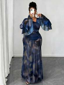 Maweii Vestido longo de manga comprida com ombro assimétrico, plissado, semitransparente e digital, para mulheres plus size, ideal para primavera/outono/inverno