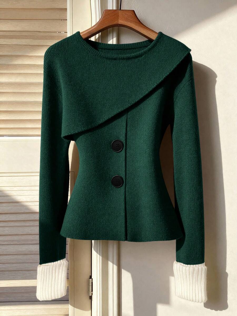 GlowEve New Fashionable Mixed Color Chic Versatile Knitted Sweater - Dark Green - View 1