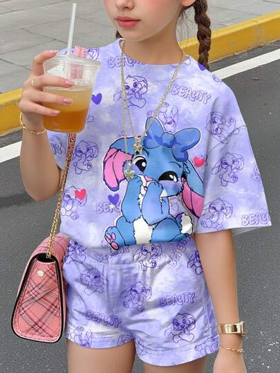 Conjunto de 2 piezas de camiseta de manga corta y pantalones cortos con estampado de conejo azul lindo y teñido anudado en morado para niña preadolescente, adecuado para el verano