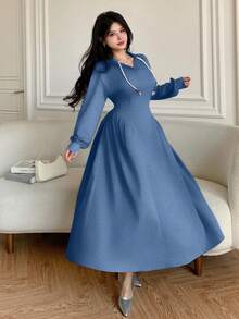 Modelyn Women's Casual Hooded Drawstring Waist Fitted Flared Gray Sweatshirt, Autumn/Winter - Blue - View 5