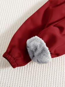 SHEIN 两件套男婴保暖连帽外套（动物印花）和休闲运动裤套装，适合冬季穿着 - 酒紅色 - 查看 6