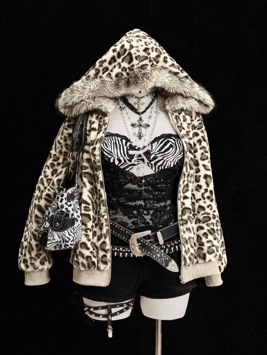 Sweetra Leopard Faux Fur Minimalist Hat & Short Vintage Casual Jacket - Beige - View 1