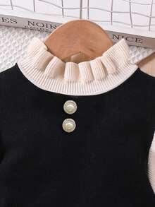 SHEIN Váy len cổ bèo nhún thoải mái tối giản cho bé gái - Màu be - Xem 3