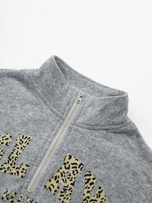 SHEIN Explorewe Ensemble coordonné pour jeunes filles avec sweat-shirt à capuche zippé "Chillgrl" et pantalon skinny, sweat-shirt en polaire ample avec imprimé léopard et lettres, leggings ajustés, tenue de rue décontractée - Gris - Voir 3