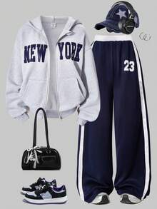 SHEIN ChillGRL 少女拉链连帽衫、吊带背心和阔腿裤休闲套装，适合日常穿着、通勤和上学。