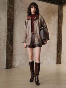 Arave Jaqueta Retrô de Gola Xadrez, Retalhos, Contraste de Cores, Design Elegante e Versátil para Uso Diário - Vinho - Visão 8