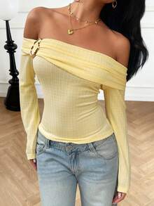 Zavorell 女士性感优雅浅黄色船领露肩修身衬衫，优雅时尚的春秋季上衣，适合日常穿着/上学/度假/派对/毕业典礼/婚礼等场合，冬季圣诞节新年感恩节皆宜。 - 淡黃色 - 查看 7
