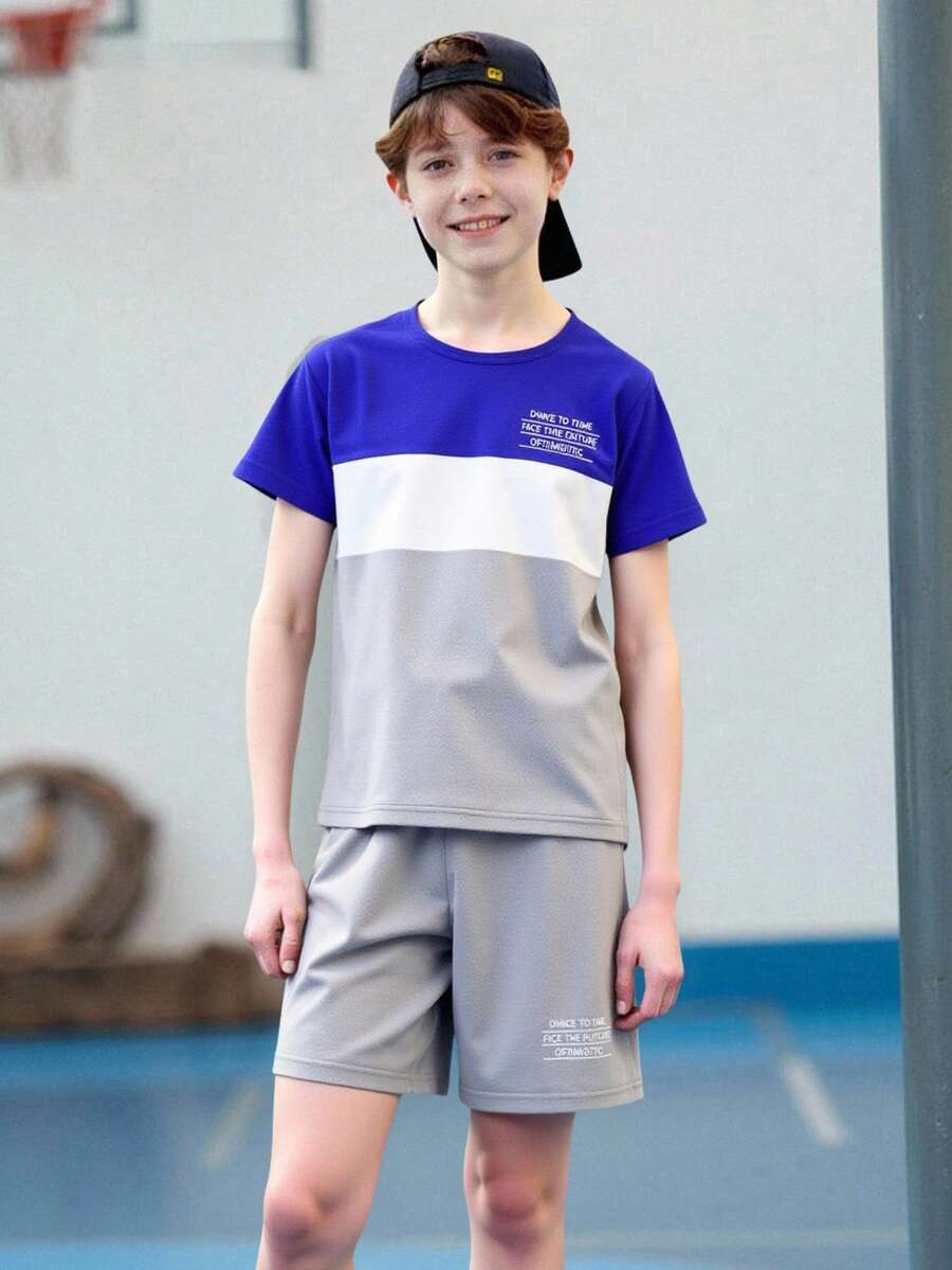SHEIN Fantacosmos 2pcs Tween Boy Summer Casual Colorblock Slogan Print T-Shirt And Shorts Set - Blue - View 1